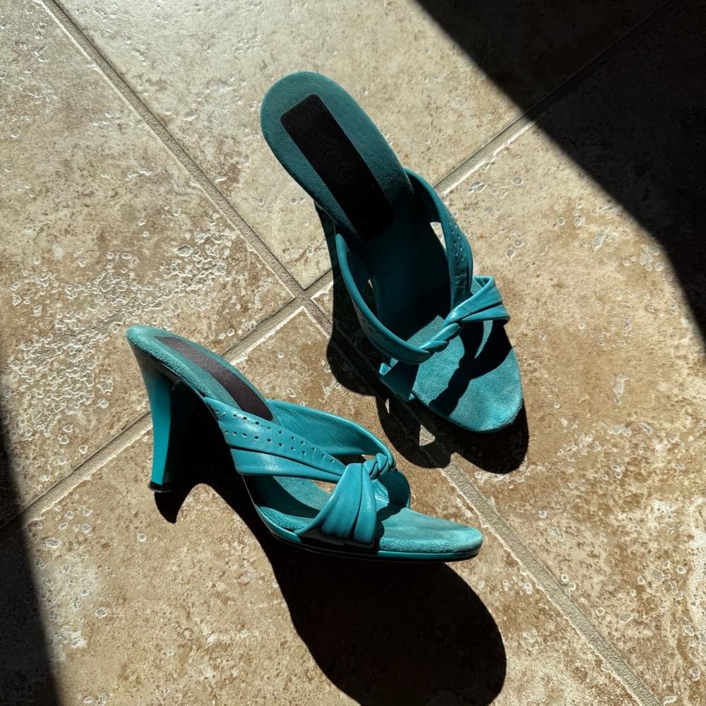 Blue turquoise leather kitten heel sandals